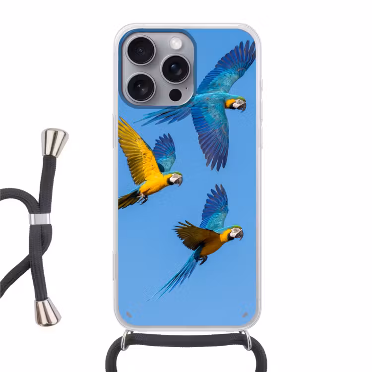 Papagaai - Vliegen - Blauw - Geel Hoesje iPhone 16 Pro Max met koord klein -3d