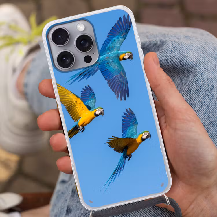 Papagaai - Vliegen - Blauw - Geel Hoesje iPhone 16 Pro Max met koord klein -sfeer3