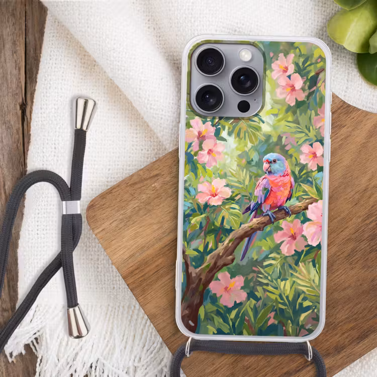 Papagaai - Hibiscusbloemen - Kleurrijk Hoesje iPhone 16 Pro Max met koord klein -sfeer4