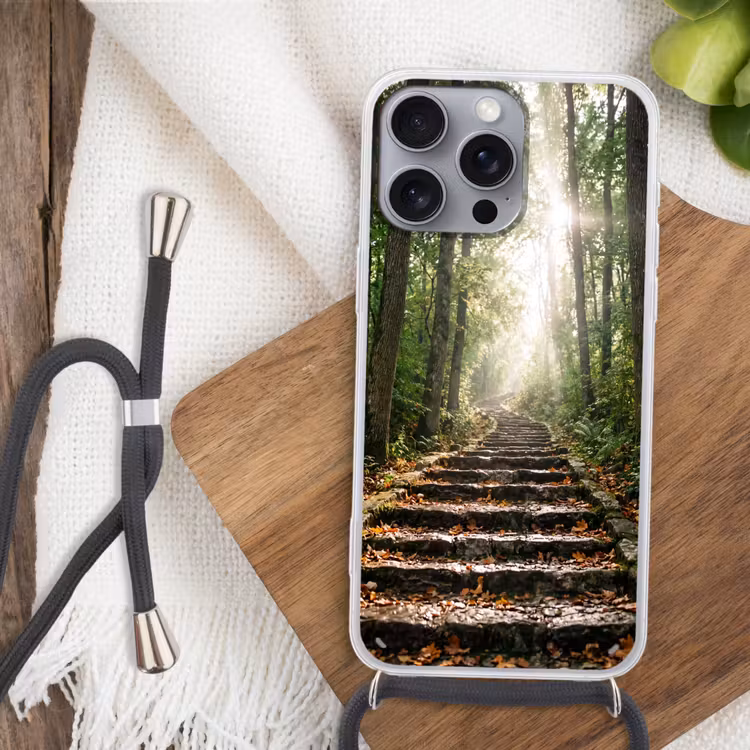 Stenen - Trap - Bos - Natuur Hoesje iPhone 16 Pro Max met koord klein -sfeer4
