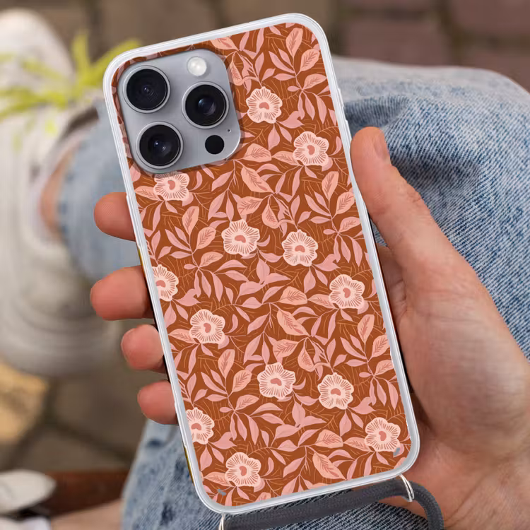Patroon - Bladeren - Terracotta Hoesje iPhone 16 Pro Max met koord klein 804 -sfeer3