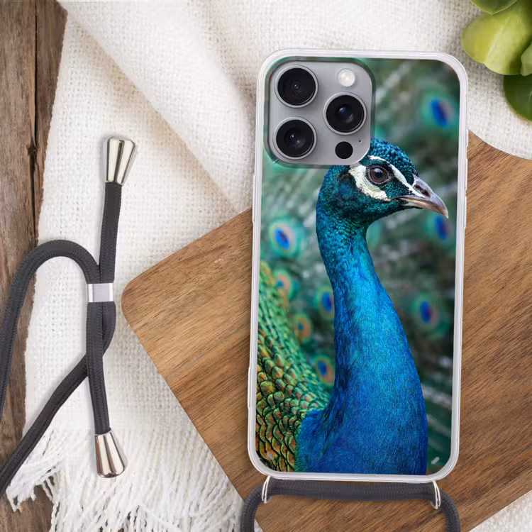 Pauw - Veren - Blauw Hoesje iPhone 16 Pro Max met koord klein -sfeer4