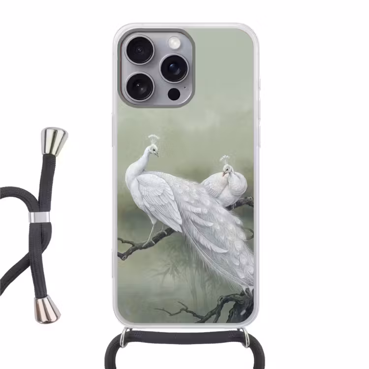 Pauwen - Wit - Natuur - Groen Hoesje iPhone 16 Pro Max met koord klein -3d