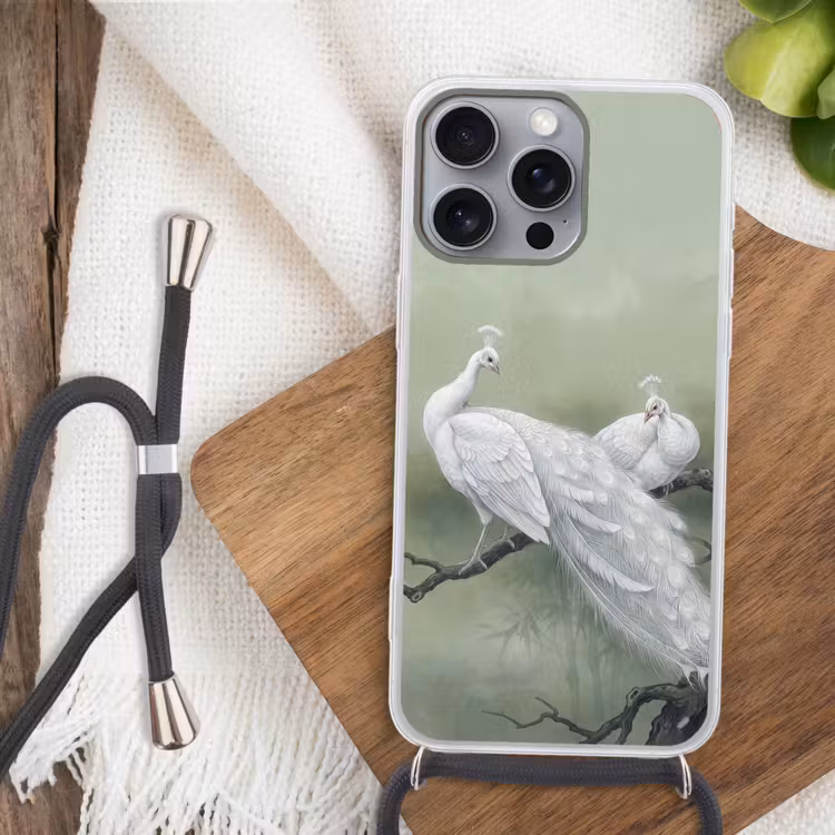 Pauwen - Wit - Natuur - Groen Hoesje iPhone 16 Pro Max met koord klein -sfeer4