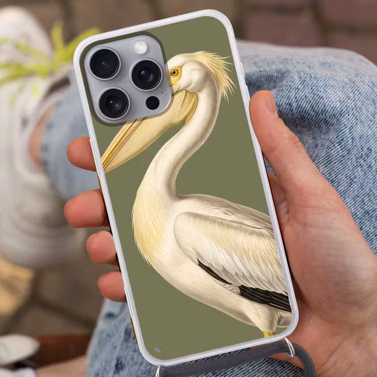 Pelikaan - Wit - Vogel - Klassiek - Natuur Hoesje iPhone 16 Pro Max met koord klein -sfeer3