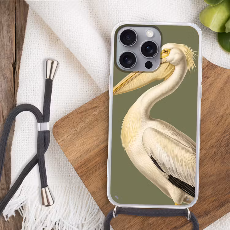 Pelikaan - Wit - Vogel - Klassiek - Natuur Hoesje iPhone 16 Pro Max met koord klein -sfeer4