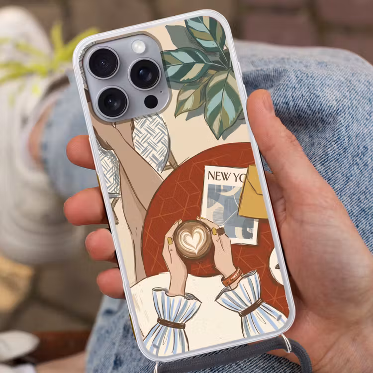 Mensen - Cafe - Koffie - Stadsleven - Modern Hoesje iPhone 16 Pro Max met koord klein -sfeer3