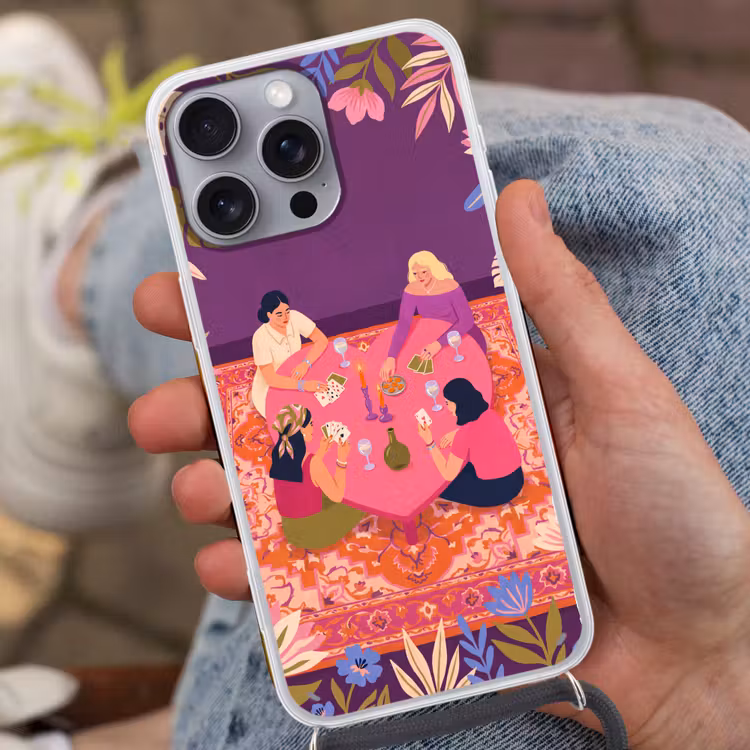 Mensen - Kaartspel - Interieur - Modern - Kleurrijk Hoesje iPhone 16 Pro Max met koord klein -sfeer3