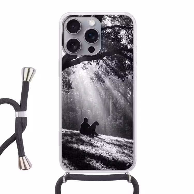 Mens - Hond - Natuur - Zwart-wit - Silhouet Hoesje iPhone 16 Pro Max met koord klein -3d