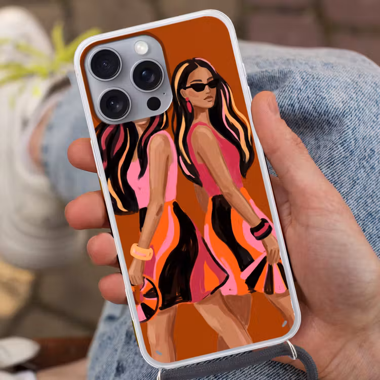 Mensen - Duo - Mode - Illustratie - Kleurrijk Hoesje iPhone 16 Pro Max met koord klein -sfeer3