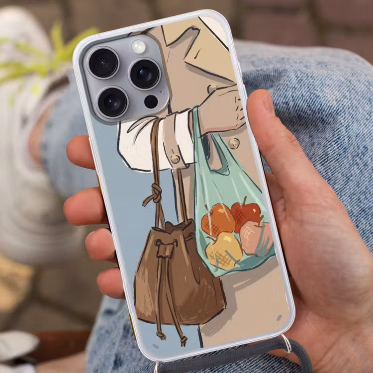 Mensen - Boodschappen - Stadsleven - Modern - Kleurrijk Hoesje iPhone 16 Pro Max met koord klein -sfeer3