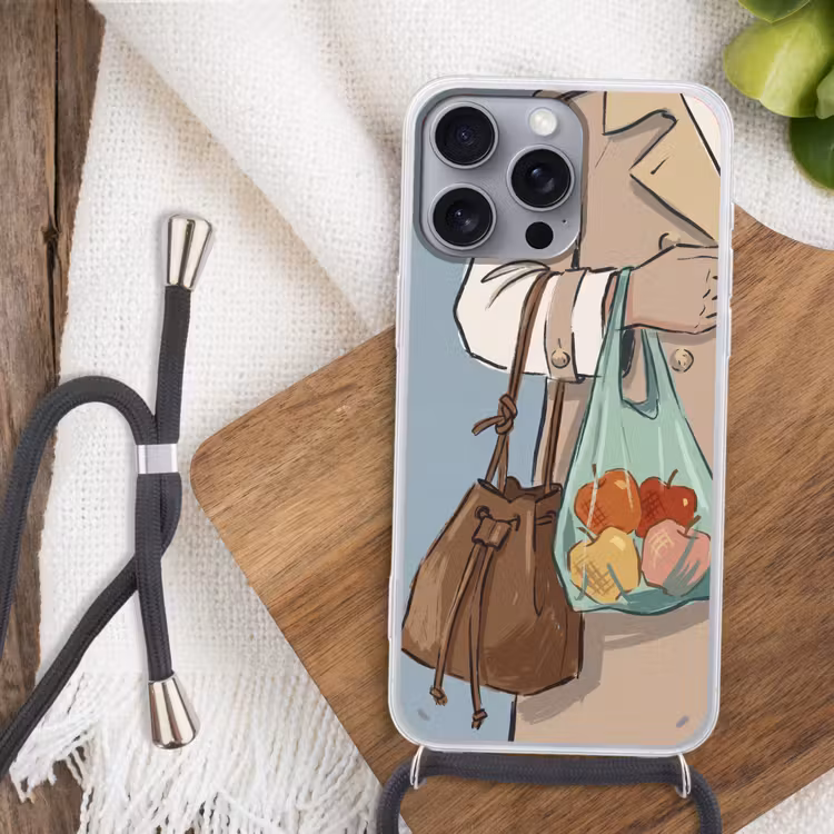 Mensen - Boodschappen - Stadsleven - Modern - Kleurrijk Hoesje iPhone 16 Pro Max met koord klein -sfeer4