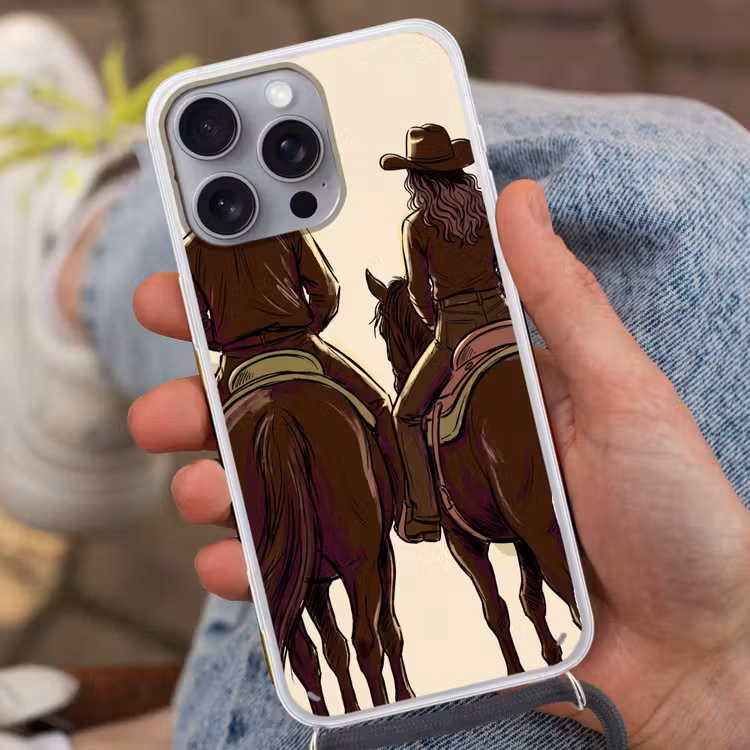 Mensen - Ruiters - Western - Illustratie - Bruin Hoesje iPhone 16 Pro Max met koord klein -sfeer3