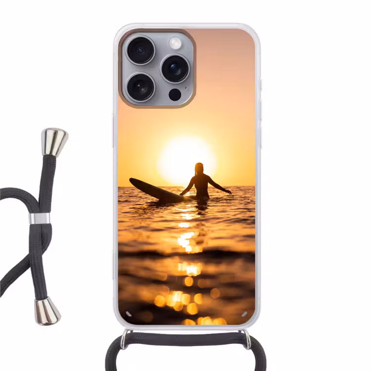 Persoon - Surfen - Zonsondergang - Zee - Oranje Hoesje iPhone 16 Pro Max met koord klein -3d