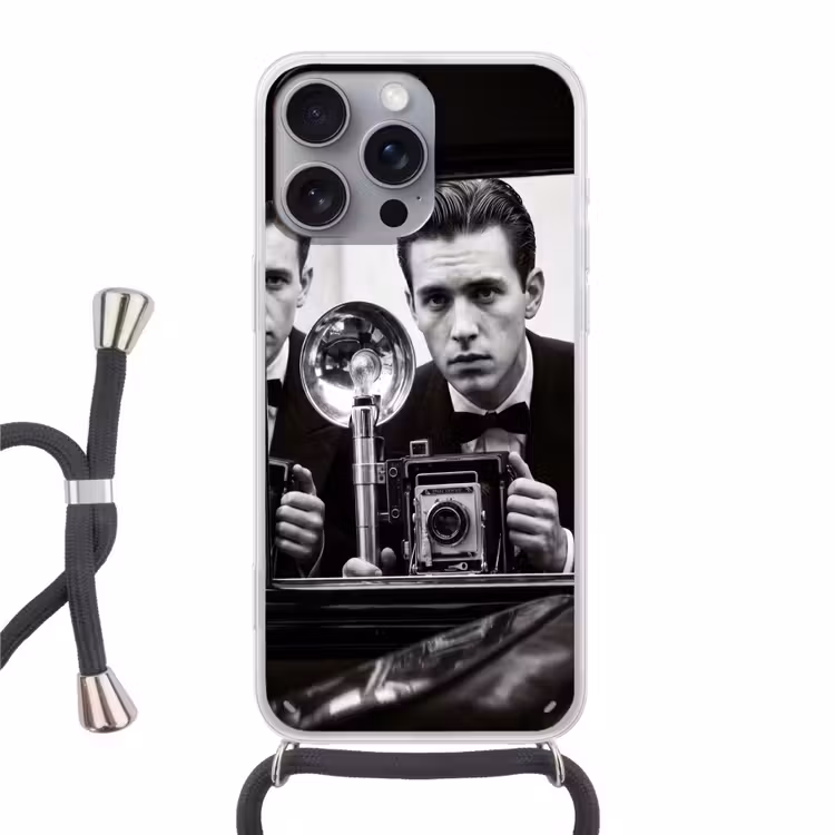 Fotograaf - Camera - Vintage - Journalistiek - Zwart-wit Hoesje iPhone 16 Pro Max met koord klein -3d