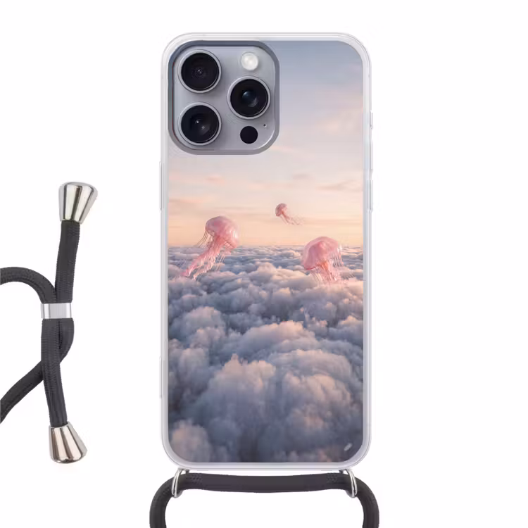 Phone case crossbody - Pink Animal - Clouds - Roze dier - Wolken Hoesje iPhone 16 Pro Max met koord klein