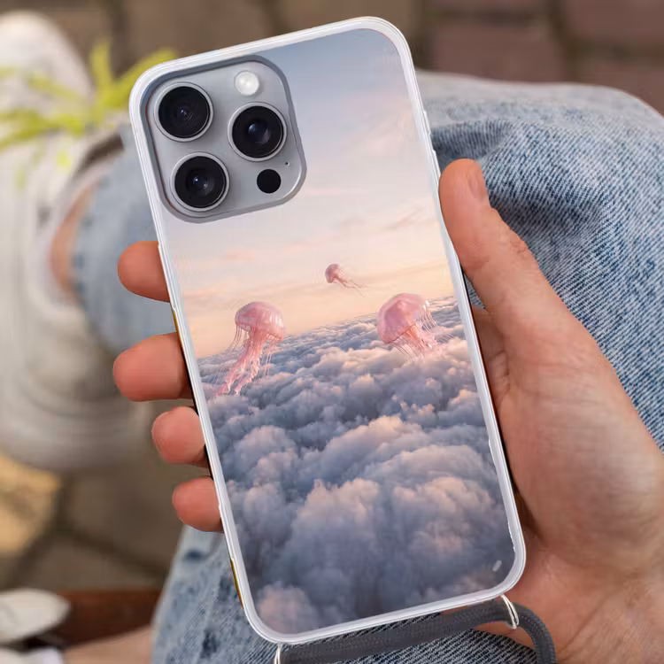 Phone case crossbody - Pink Animal - Clouds - Roze dier - Wolken Hoesje iPhone 16 Pro Max met koord klein
