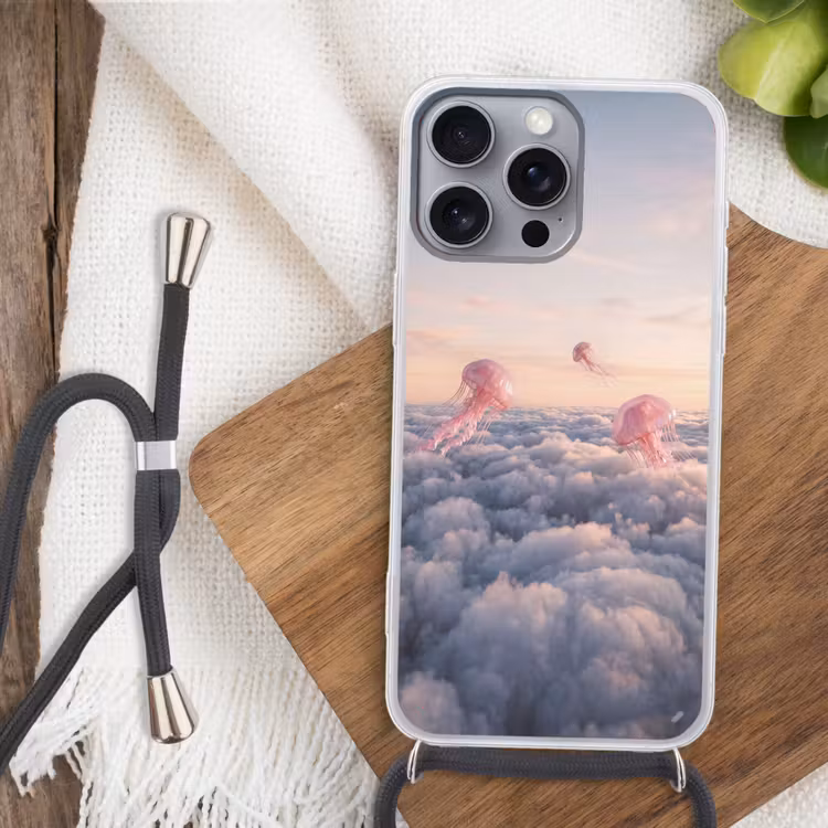 Phone case crossbody - Pink Animal - Clouds - Roze dier - Wolken Hoesje iPhone 16 Pro Max met koord klein