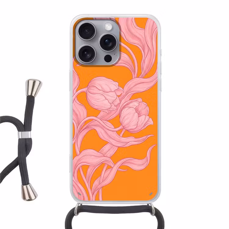 Phone case crossbody - Pink Flowers - Modern - Roze bloemen - Modern Hoesje iPhone 16 Pro Max met koord klein