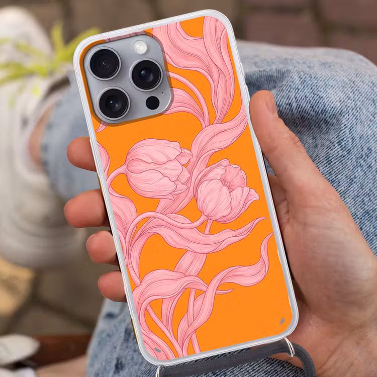 Phone case crossbody - Pink Flowers - Modern - Roze bloemen - Modern Hoesje iPhone 16 Pro Max met koord klein