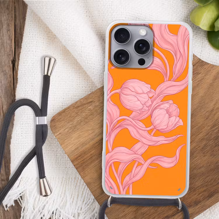 Phone case crossbody - Pink Flowers - Modern - Roze bloemen - Modern Hoesje iPhone 16 Pro Max met koord klein