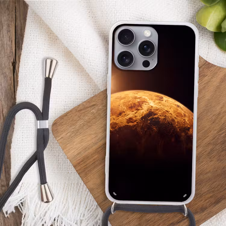 Phone case crossbody - Planet - Space - Orange - Planeet - Ruimte - Oranje Hoesje iPhone 16 Pro Max met koord klein