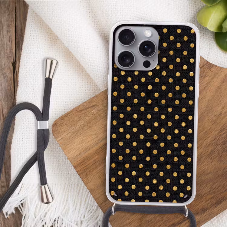 Polka Dot - Stippen - Goud - Zwart Hoesje iPhone 16 Pro Max met koord klein 804 -sfeer4