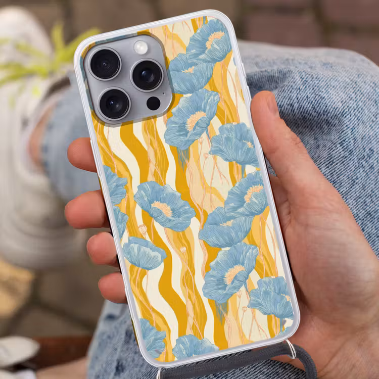 Papavers - Botanisch - Blauw Hoesje iPhone 16 Pro Max met koord klein 804 -sfeer3