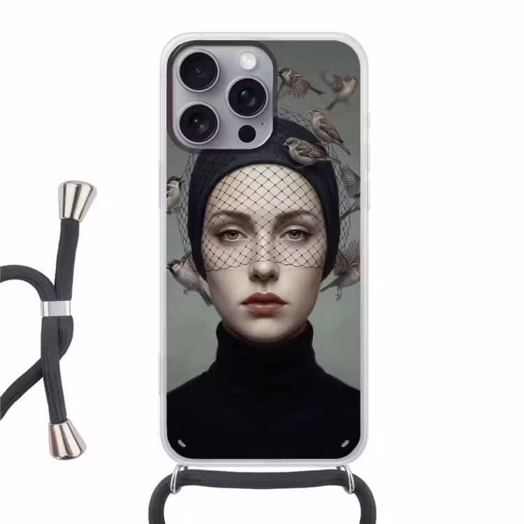 Portret - Vogels - Zwart Hoesje iPhone 16 Pro Max met koord klein -3d