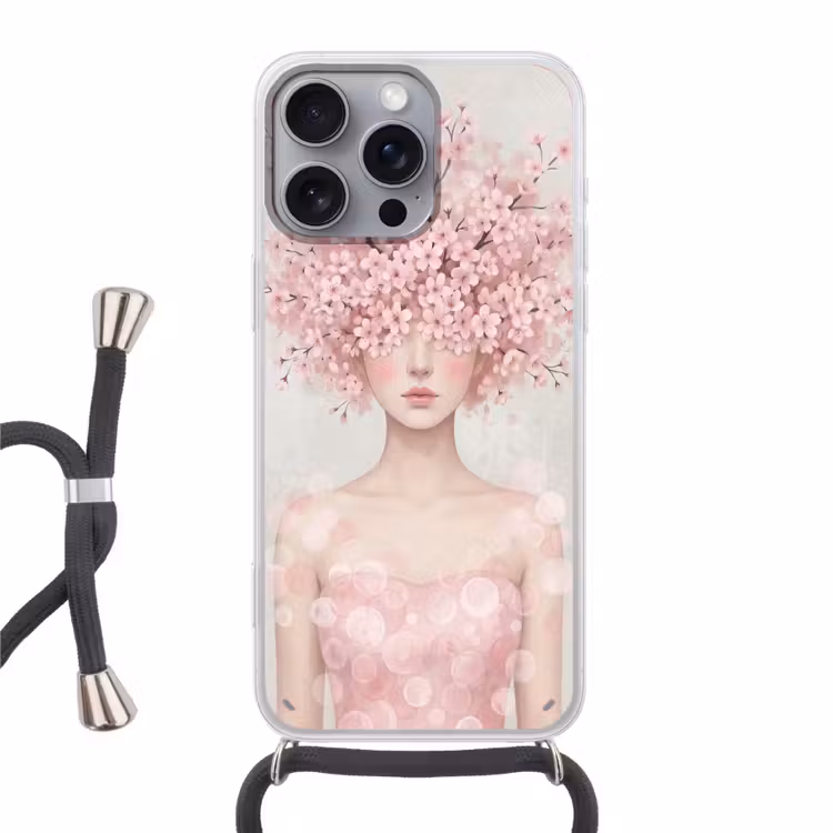 Portret - Kersenbloesem - Roze Hoesje iPhone 16 Pro Max met koord klein -3d