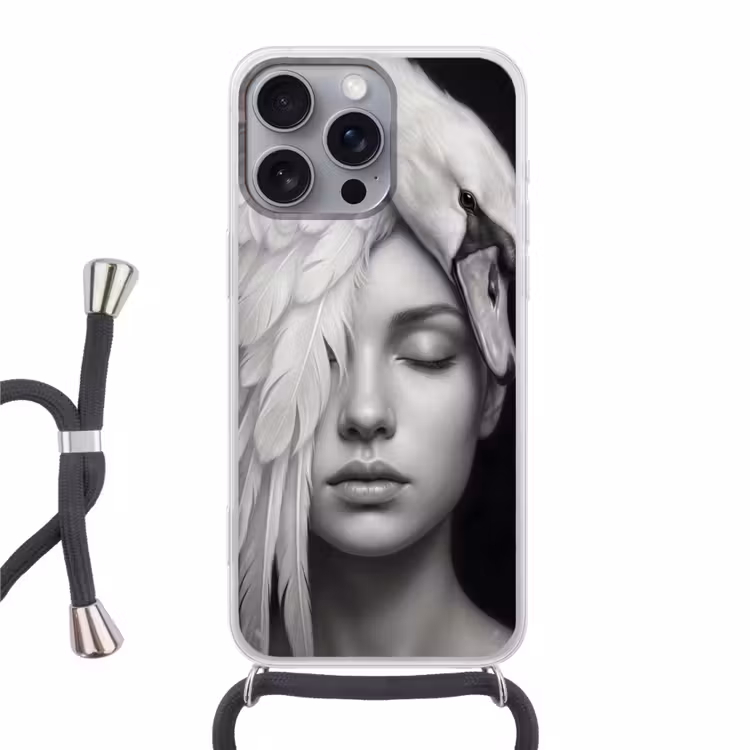 Portret - Zwaan - Zwart - Wit Hoesje iPhone 16 Pro Max met koord klein -3d