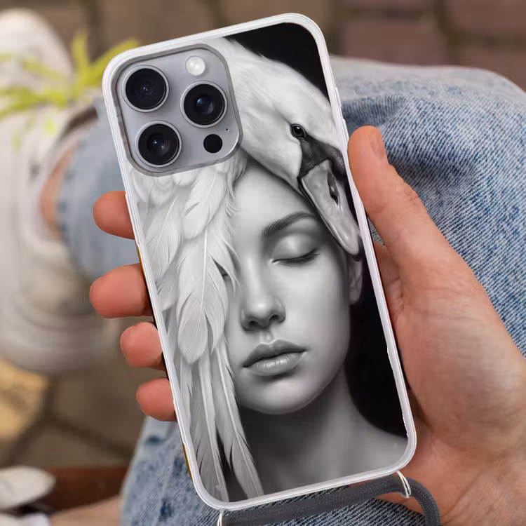 Portret - Zwaan - Zwart - Wit Hoesje iPhone 16 Pro Max met koord klein -sfeer3
