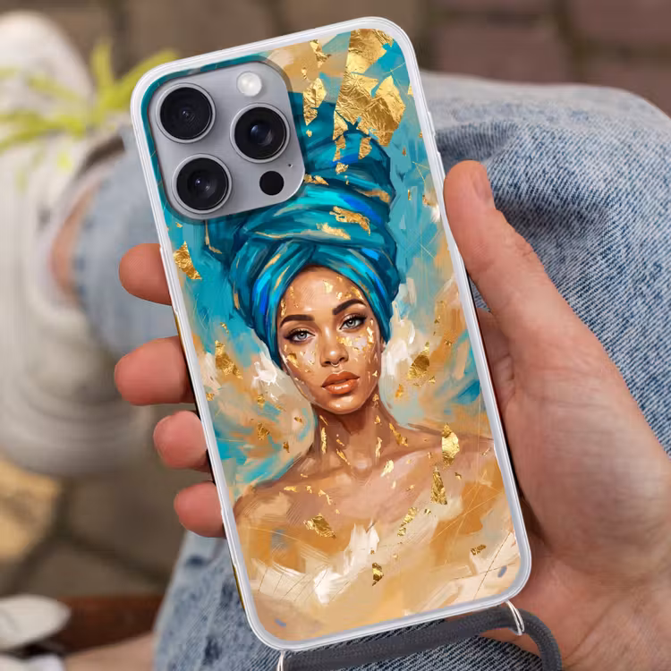 Portret - Vrouw - Schilderij - Blauw - Goud - Expressief Hoesje iPhone 16 Pro Max met koord klein -sfeer3