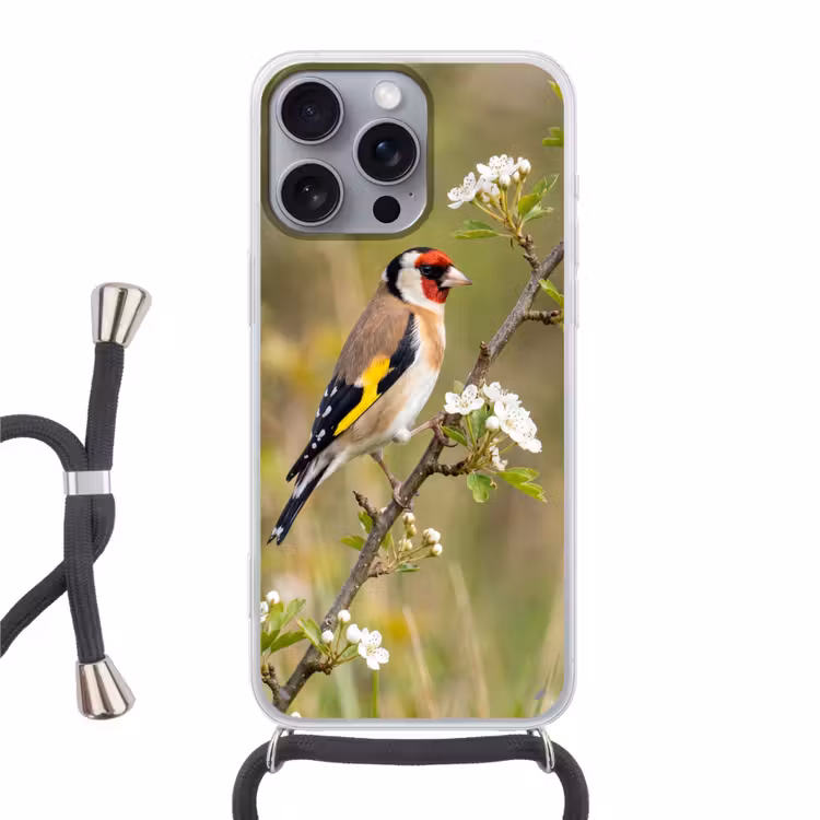 Putter - Bloesem - Lente - Natuur - Kleurrijk Hoesje iPhone 16 Pro Max met koord klein -3d
