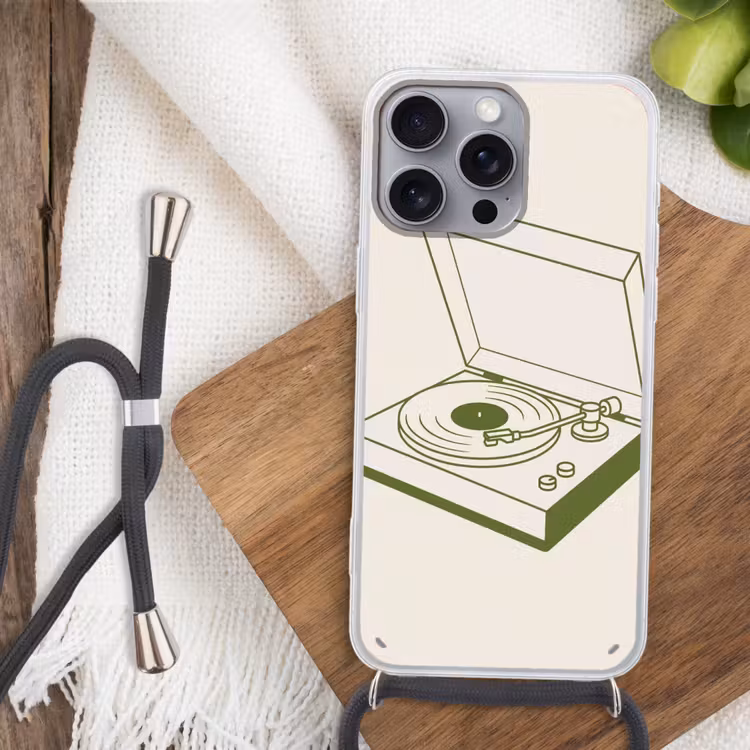 Platenspeler - Vinyl - Muziek - Minimalistisch - Groen Hoesje iPhone 16 Pro Max met koord klein -sfeer4