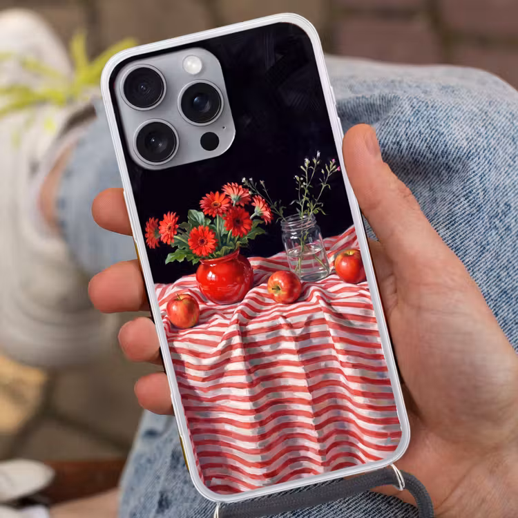 Phone case crossbody - Red Flowers - Vase - Rode bloemen - Vaas Hoesje iPhone 16 Pro Max met koord klein