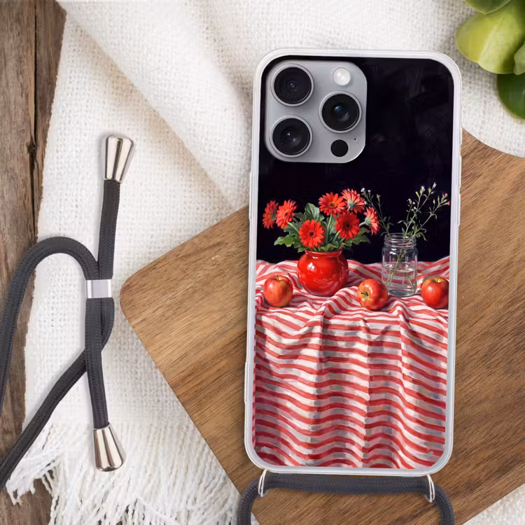 Phone case crossbody - Red Flowers - Vase - Rode bloemen - Vaas Hoesje iPhone 16 Pro Max met koord klein