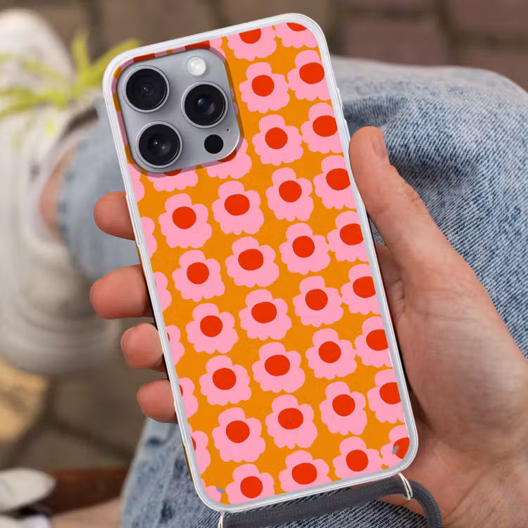 Retro - Bloemen - Roze Hoesje iPhone 16 Pro Max met koord klein 804 -sfeer3