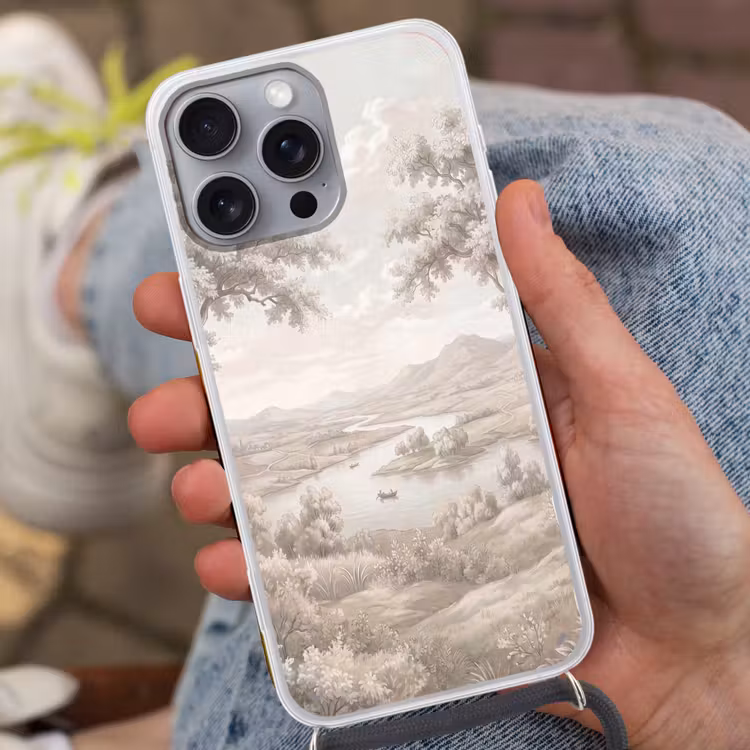 Rivierlandschap - Bergen - Natuur - Vintage - Beige Hoesje iPhone 16 Pro Max met koord klein -sfeer3