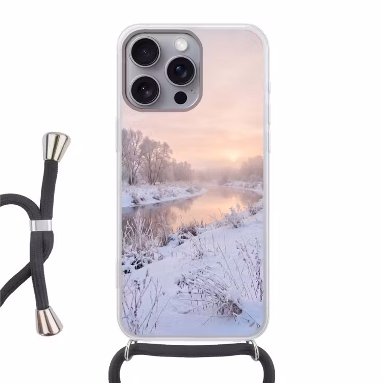 Rivier - Winter - Landschap - Sneeuw - Zonsopgang Hoesje iPhone 16 Pro Max met koord klein -3d