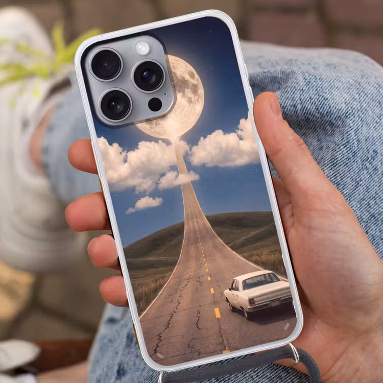 Phone case crossbody - Road - Moon - Night - Weg - Maan - Nacht Hoesje iPhone 16 Pro Max met koord klein