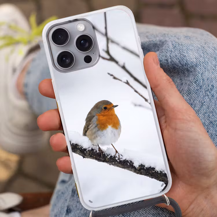 Roodborstje - Tak - Sneeuw - Winter - Levendig Hoesje iPhone 16 Pro Max met koord klein -sfeer3