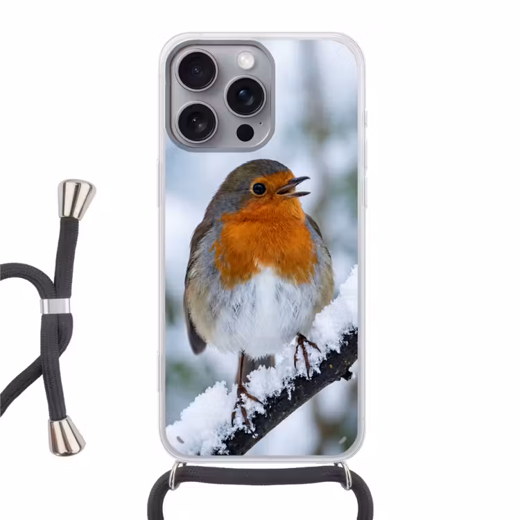 Roodborstje - Tak - Sneeuw - Winter - Levendig Hoesje iPhone 16 Pro Max met koord klein -3d