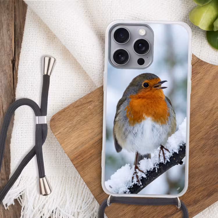 Roodborstje - Tak - Sneeuw - Winter - Levendig Hoesje iPhone 16 Pro Max met koord klein -sfeer4