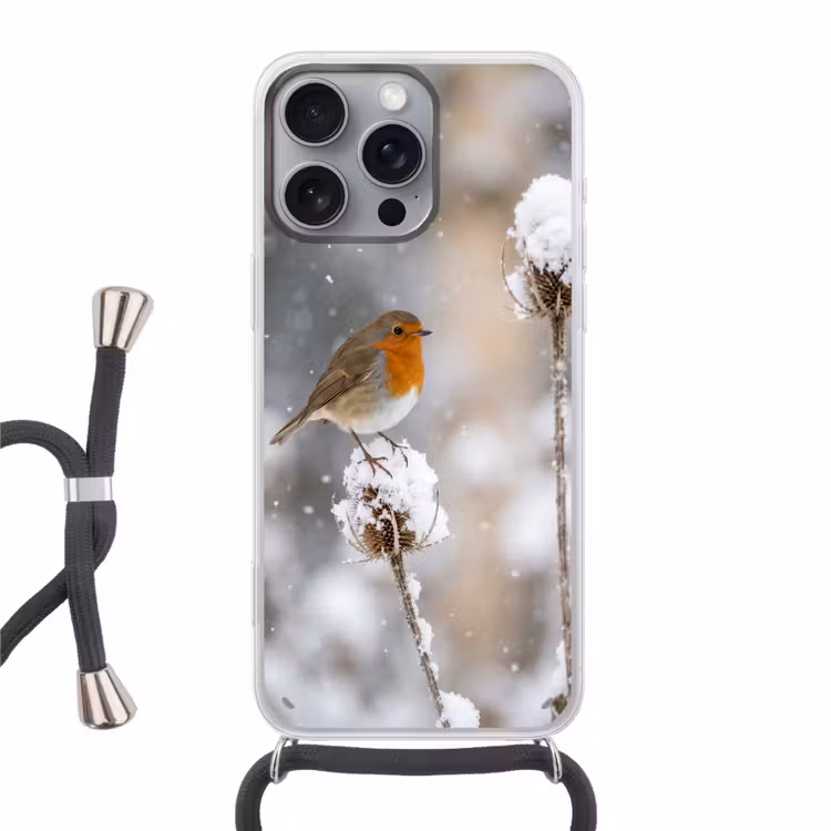 Roodborstje - Gedroogde bloem - Sneeuw - Winter - Vertederend Hoesje iPhone 16 Pro Max met koord klein -3d