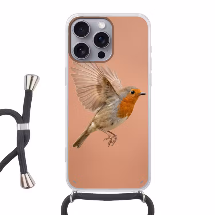 Roodborst - Natuur - Roze Hoesje iPhone 16 Pro Max met koord klein -3d
