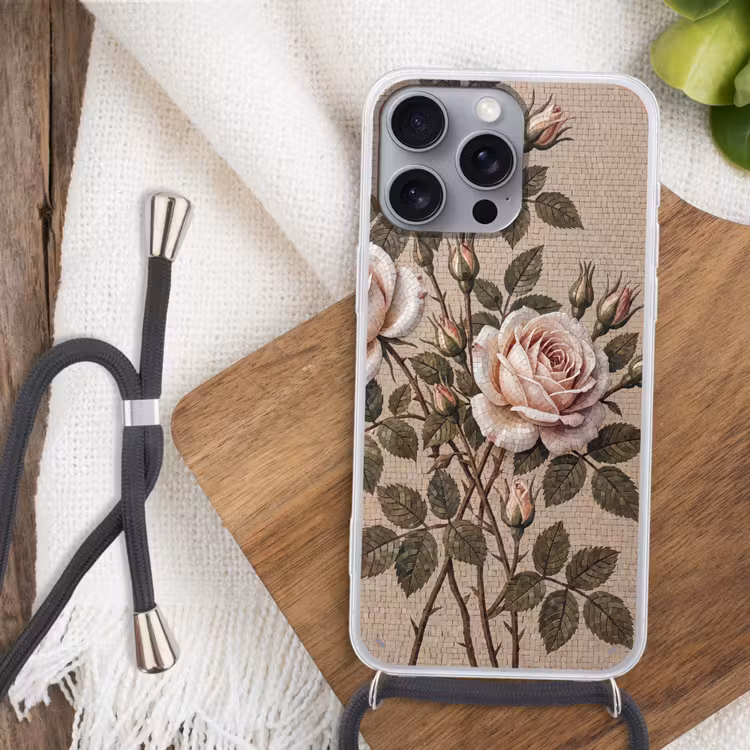 Roos - Mozaïek - Bloemen - Klassiek - Beige Hoesje iPhone 16 Pro Max met koord klein -sfeer4