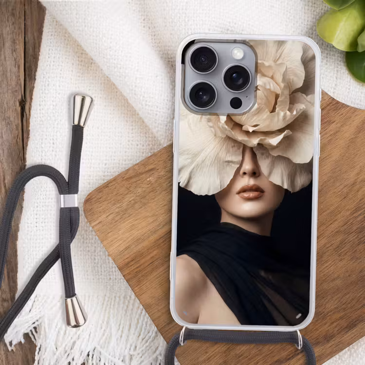 Roos - Tijdloos - Zwart Hoesje iPhone 16 Pro Max met koord klein -sfeer4