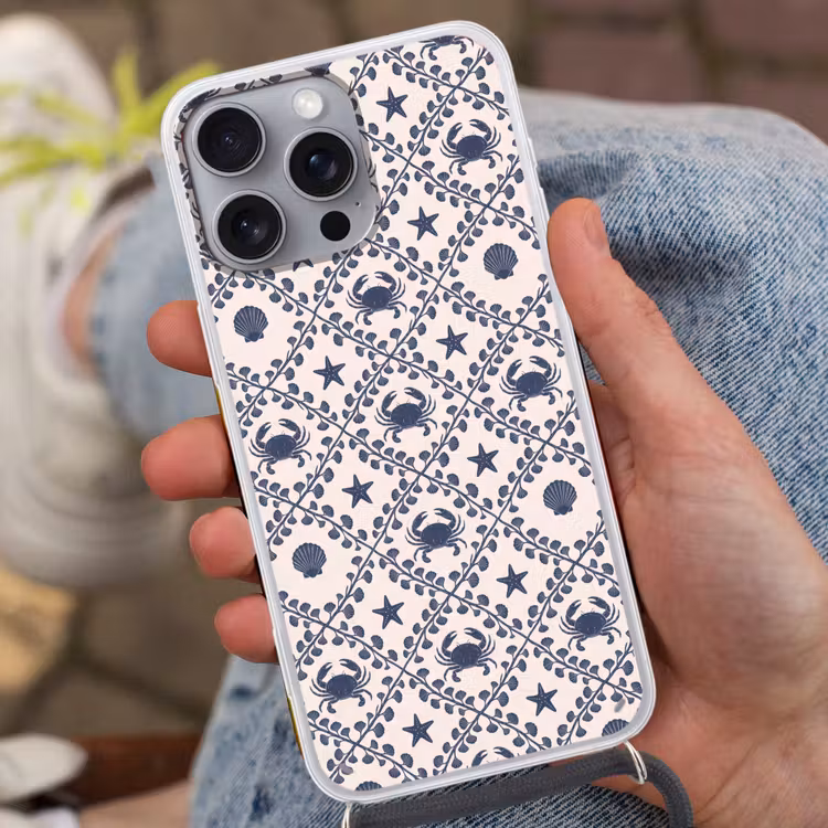 Zee - Krab - Zeester - Patroon - Blauw Hoesje iPhone 16 Pro Max met koord klein -sfeer3