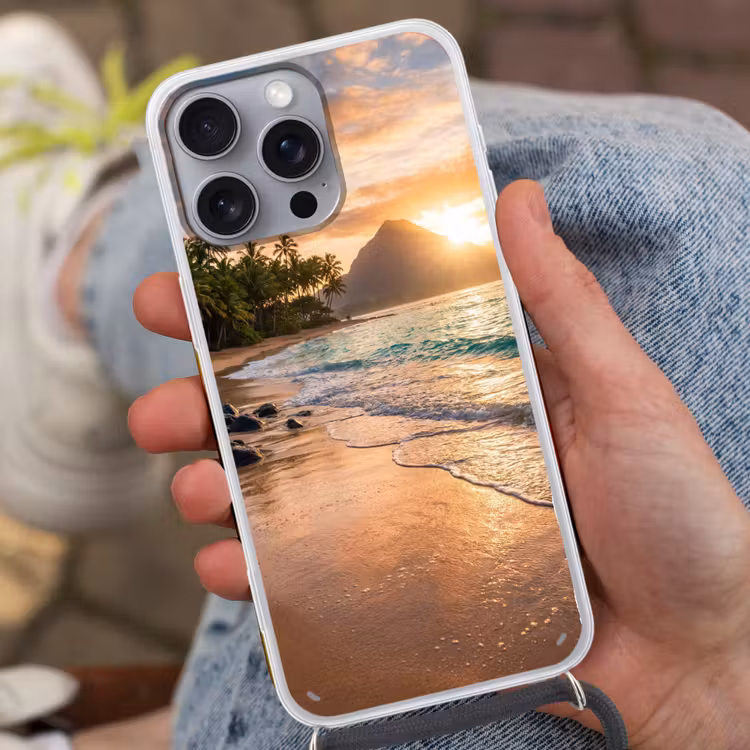 Zee - Berg - Landschap - Tropisch - Goud Hoesje iPhone 16 Pro Max met koord klein -sfeer3